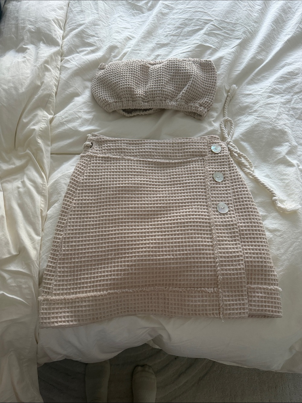 Beige Waffle Knit Skirt Set with Side Buttons